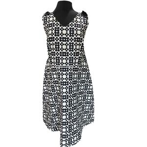 RSVP by Talbots Floral Geometric V-Neck Dress Navy White Bow Shoulder Size 18